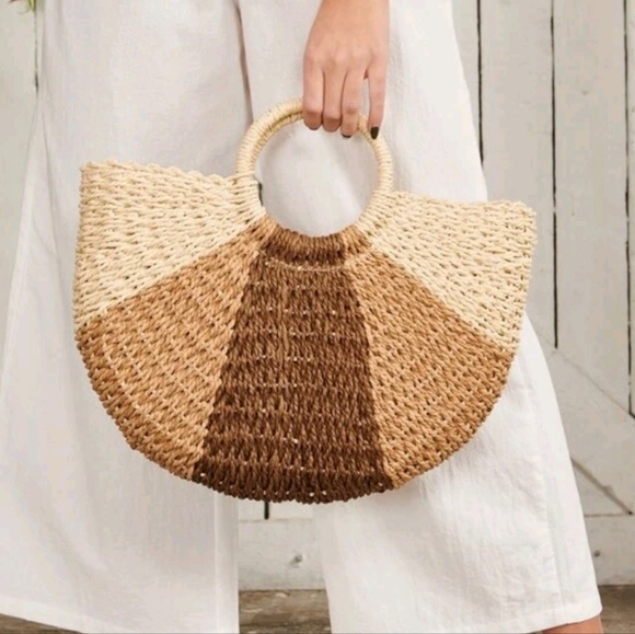 Color Block Top Ring Straw Bag - Picture 2 of 4